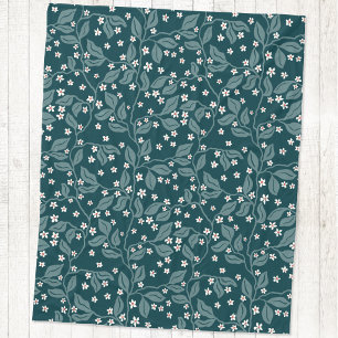 Apple Blossom Branches Botanical Block Print Green Fleece Blanket
