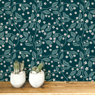 Apple Blossom Branches Botanical Block Print Green Wallpaper