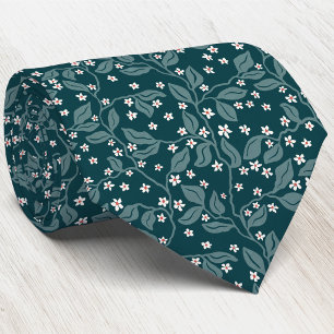 Apple Blossom Branches Botanical Green Block Print Neck Tie