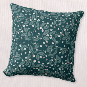 Apple Blossom Branches Botanical Green Block Print Throw Pillow
