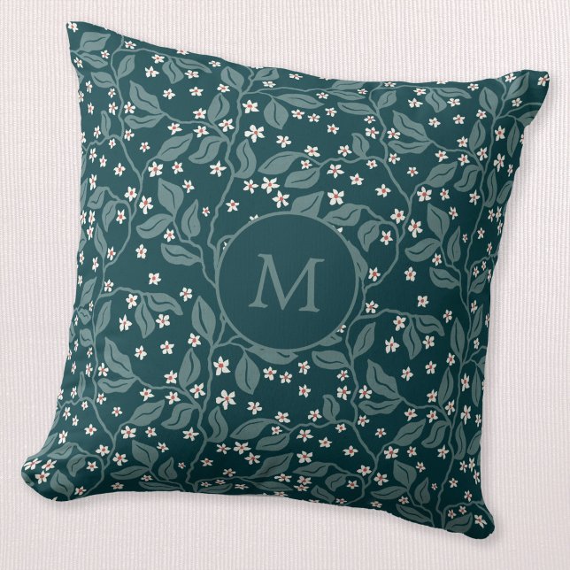 Apple Blossom Branches Botanical Green Monogram Throw Pillow (Apple blossom trailing branches dark teal green monogram initial personalized throw pillow)