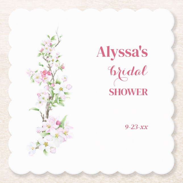 Apple Blossom Bridal Shower Personalized with Date Paper Coaster (Front)