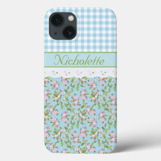 Apple Blossom Floral, Blue Check Gingham and Lace iPhone 13 Case