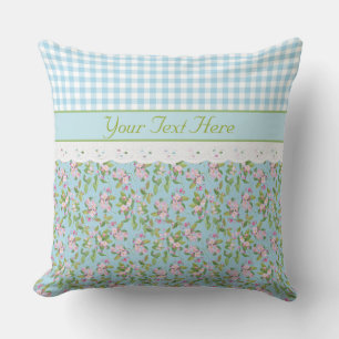 Apple Blossom Floral, Blue Check Gingham and Lace Throw Pillow