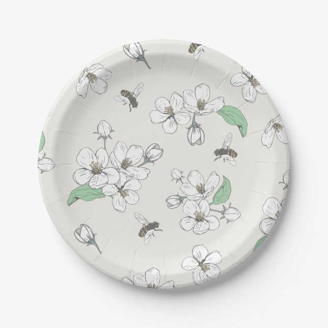 Apple Blossom Honey Bee Ivory White Paper Plates (Front)