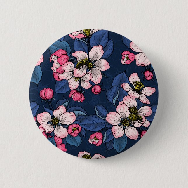 Apple blossom on a dark blue button (Front)