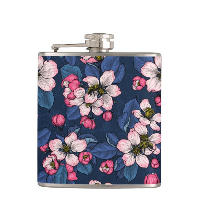 Apple blossom on a dark blue flask (Front)