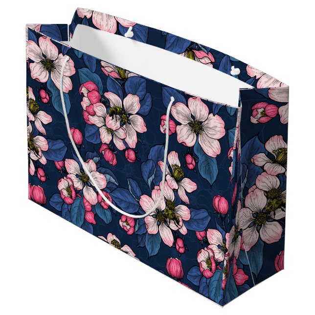 Apple blossom on a dark blue large gift bag (Back Angled)