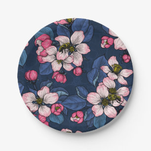 Apple blossom on a dark blue paper plates
