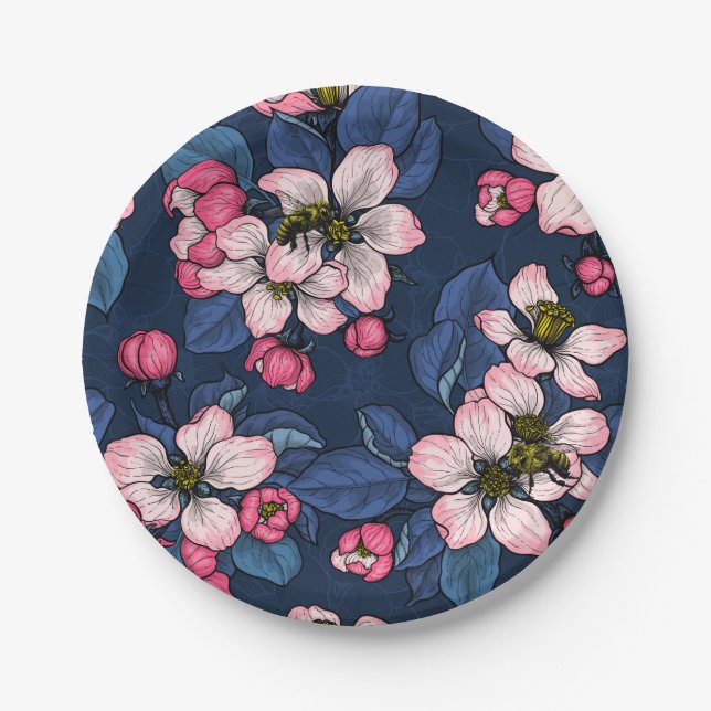 Apple blossom on a dark blue paper plates (Front)