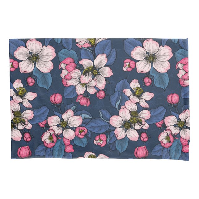 Apple blossom on a dark blue pillow case (Front)
