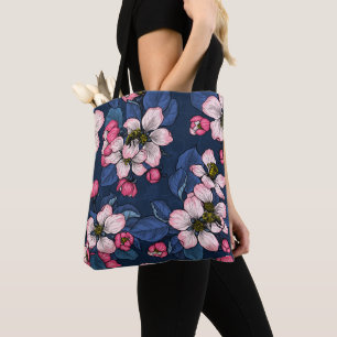 Apple blossom on a dark blue tote bag