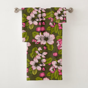 Apple blossom on dark green bath towel set