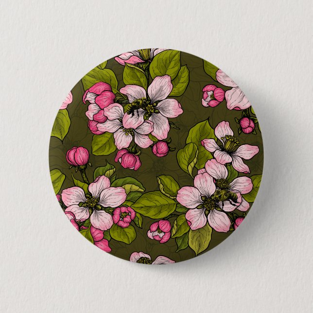 Apple blossom on dark green button (Front)