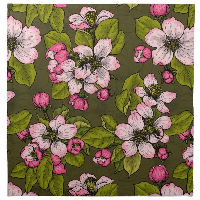 Apple blossom on dark green cloth napkin (Front)