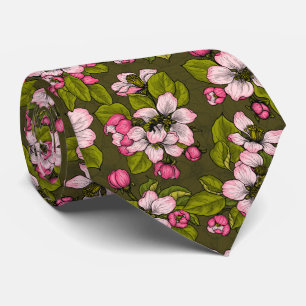 Apple blossom on dark green neck tie