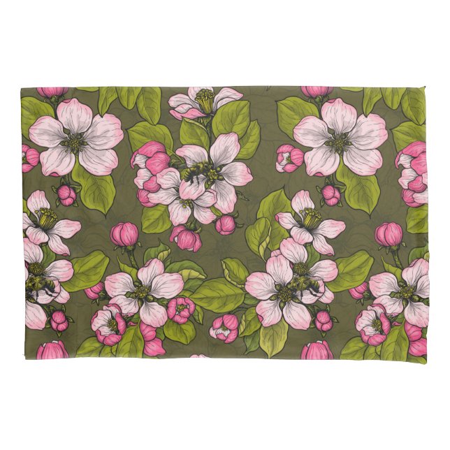 Apple blossom on dark green pillow case (Front-Left)
