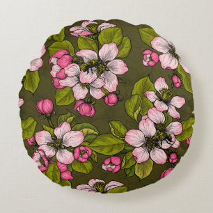 Apple blossom on dark green round pillow