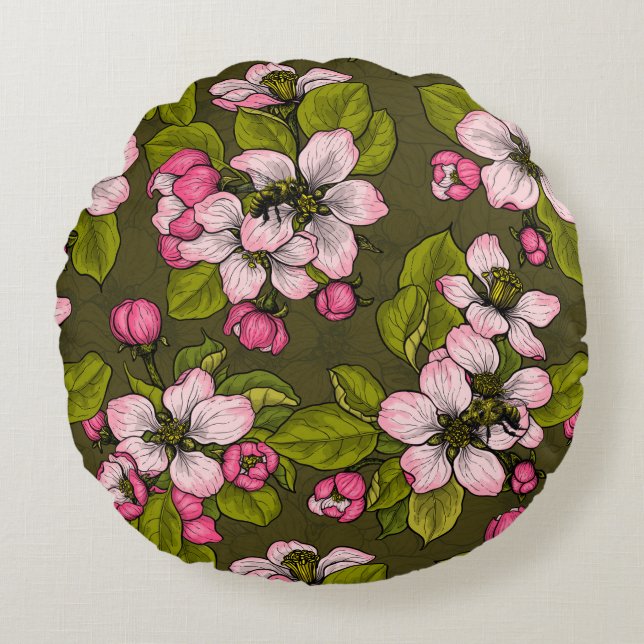 Apple blossom on dark green round pillow (Front)