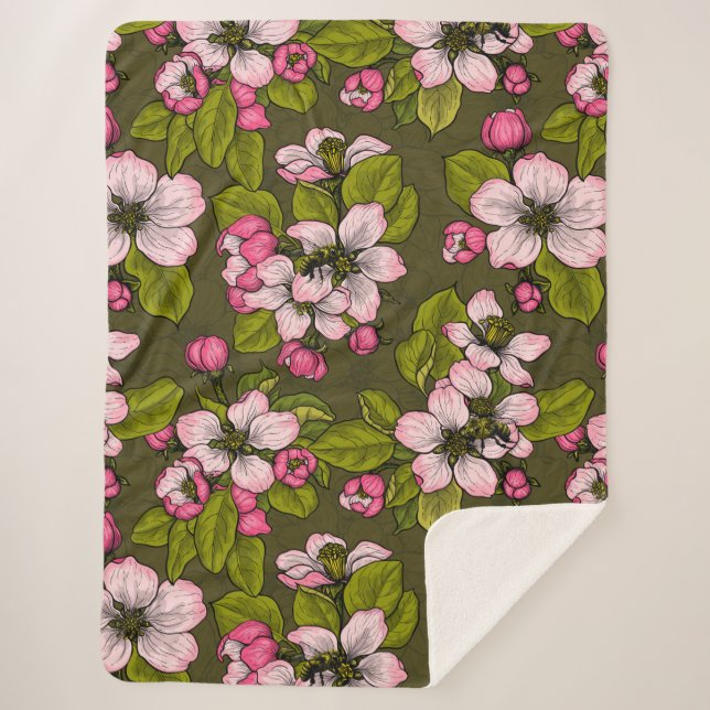 Apple blossom on dark green sherpa blanket (Front)