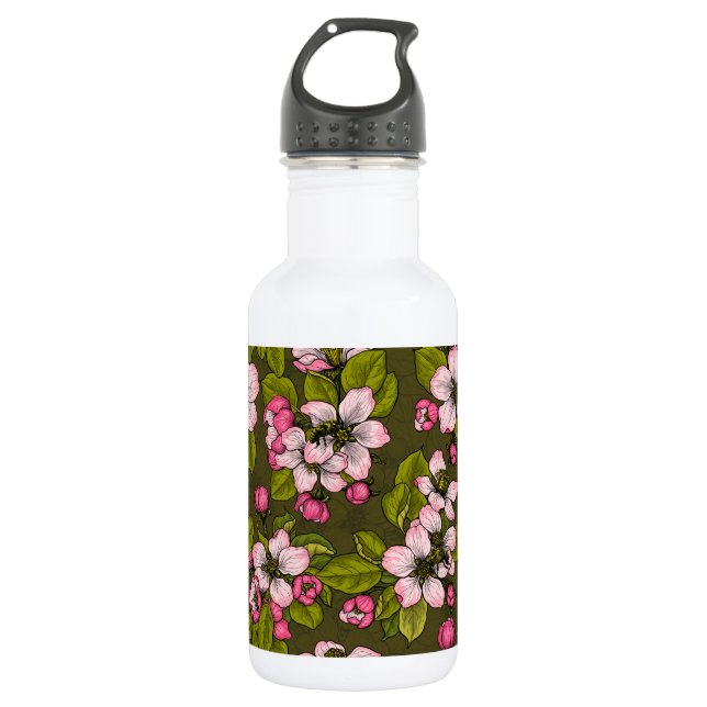 Apple blossom on dark green stainless steel water bottle (Front)