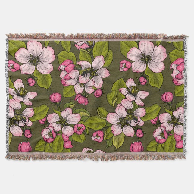 Apple blossom on dark green throw blanket (Front)