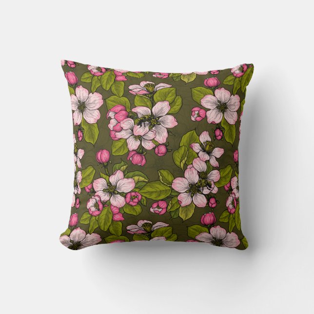 Apple blossom on dark green throw pillow (Front)