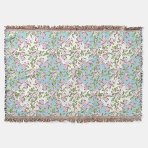 Apple Blossom on Sky Blue and White Faux Patchwork Throw Blanket