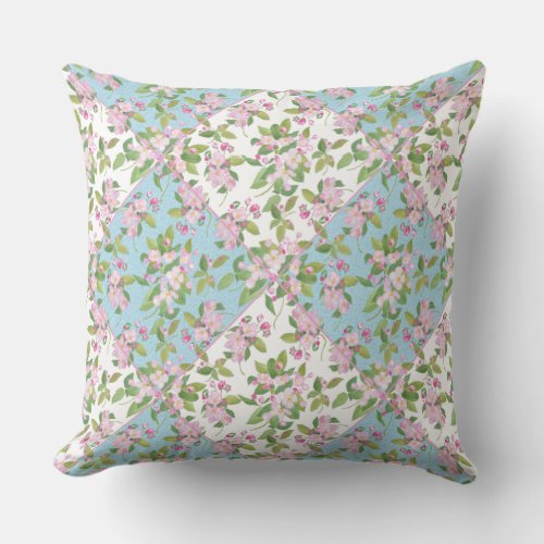 Apple Blossom on Sky Blue and White Faux Patchwork Throw Pillow