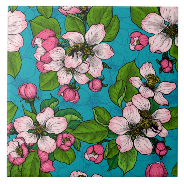 Apple blossom on turquoise ceramic tile (Front)