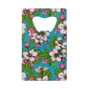 Apple blossom on turquoise credit card bottle opener