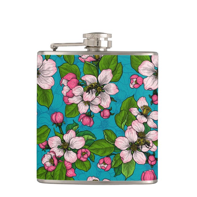 Apple blossom on turquoise flask (Front)