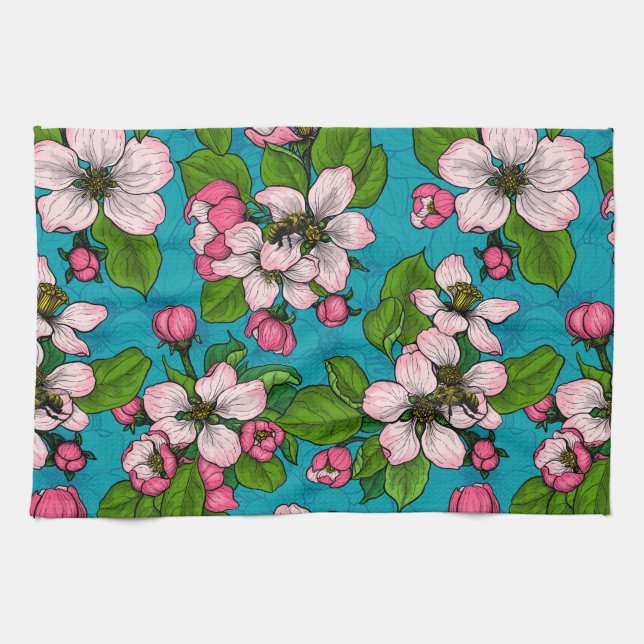 Apple blossom on turquoise kitchen towel (Horizontal)