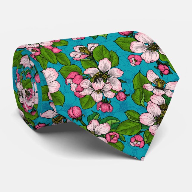 Apple blossom on turquoise neck tie (Rolled)