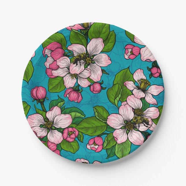 Apple blossom on turquoise paper plates (Front)