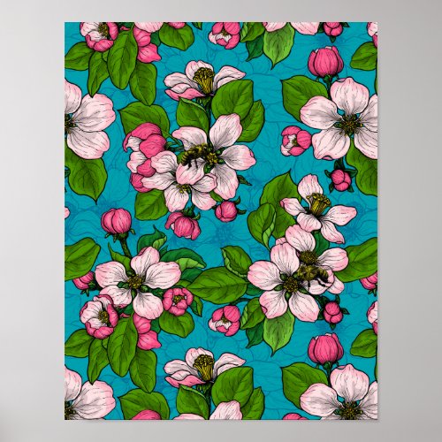 Apple blossom on turquoise poster