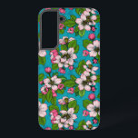 Apple blossom on turquoise samsung galaxy s22  case<br><div class="desc">Hand drawn apple blossoms  and bees on turquoise background</div>