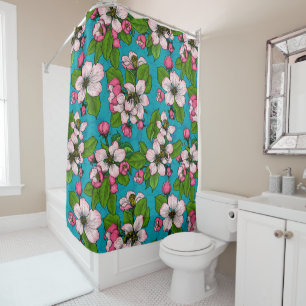 Apple blossom on turquoise shower curtain