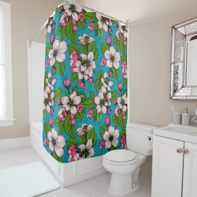 Apple blossom on turquoise shower curtain (In Situ)