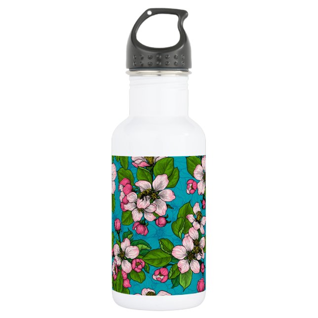 Apple blossom on turquoise stainless steel water bottle (Front)