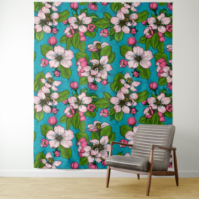 Apple blossom on turquoise tapestry (In Situ)