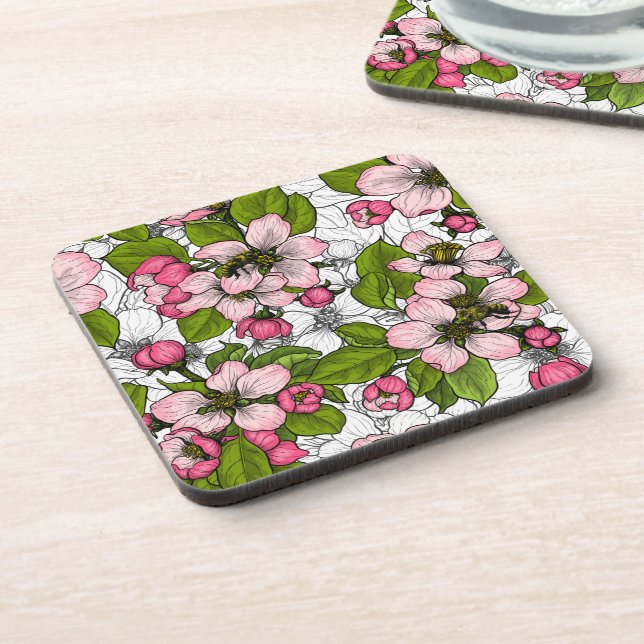 Apple blossom on white beverage coaster (Left Side)
