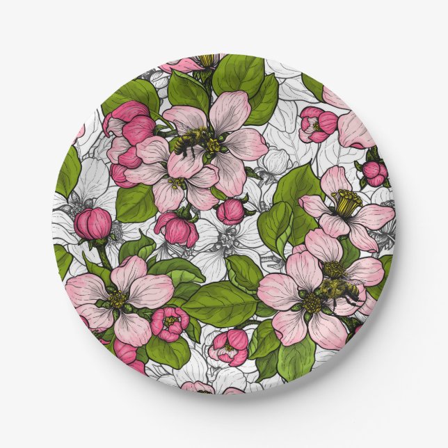 Apple blossom on white paper plates (Front)