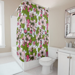 Apple blossom on white shower curtain