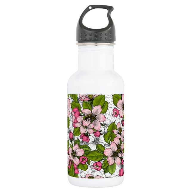 Apple blossom on white stainless steel water bottle (Front)
