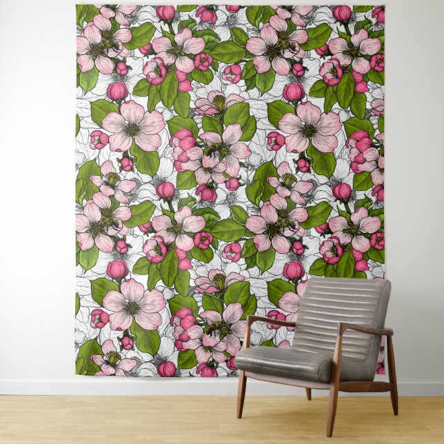 Apple blossom on white tapestry (In Situ)