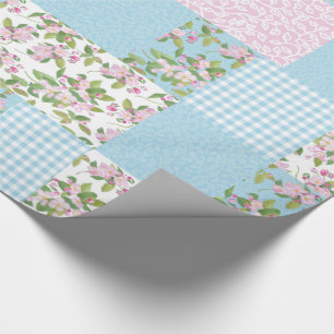 Apple Blossom Pink, Blue, Green Faux Patchwork Wrapping Paper
