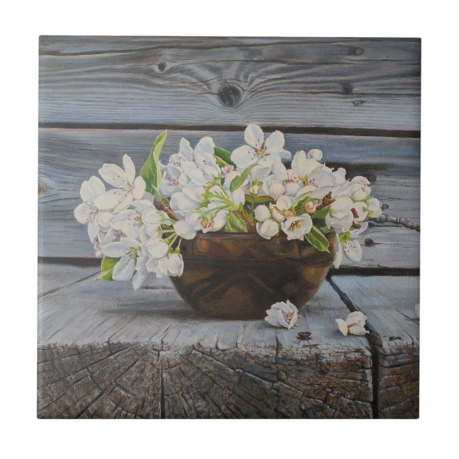 Apple Blossom Still Life – Original Fine Art Print Ceramic Tile (Front)