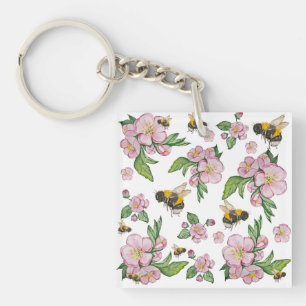 Apple blossom tree and bees watercolor pattern keychain