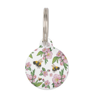 Apple blossom tree and bees watercolor pattern pet ID tag